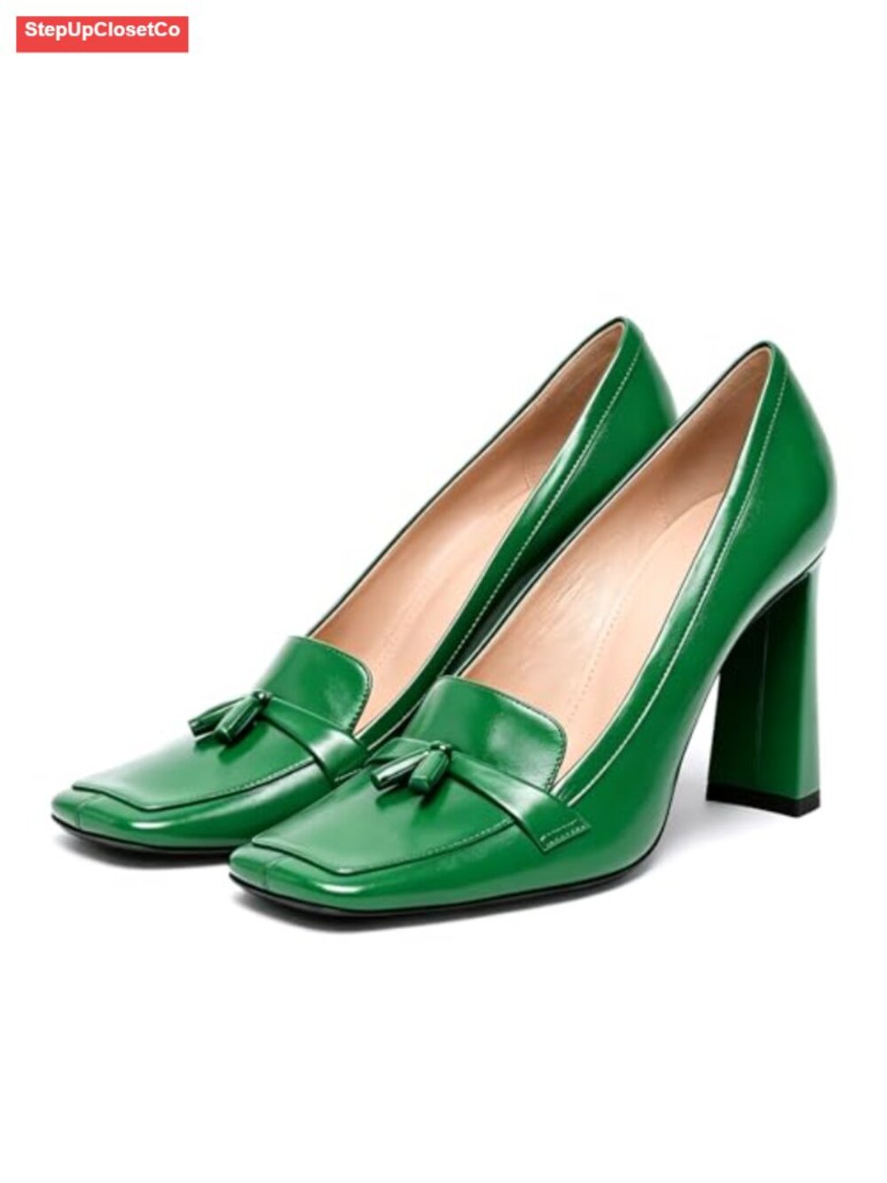 Women's Square Toe Tassel Loafers Chunky Block Heel Pumps
